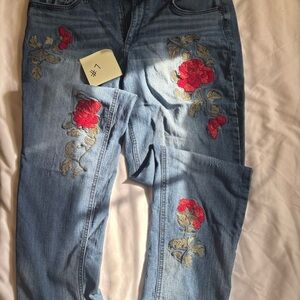 Code Bleu Blue Jeans with Red Floral Embroidery